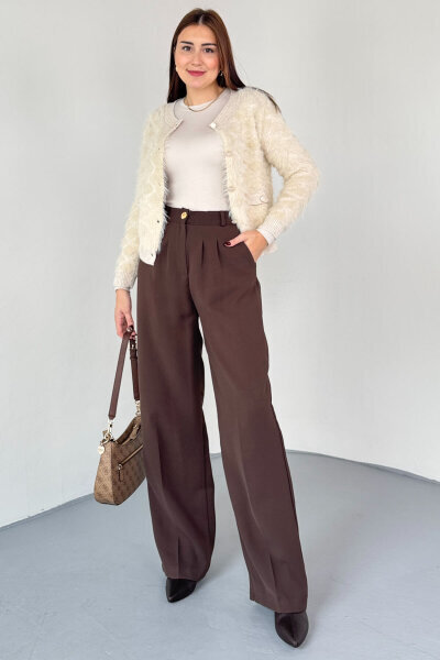 PNT-07419 Kahverengi Çimalı Gold Düğme Detaylı Palazzo Pantolon - 1