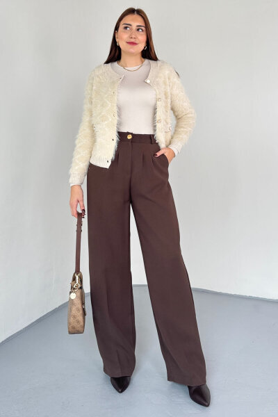 PNT-07419 Kahverengi Çimalı Gold Düğme Detaylı Palazzo Pantolon - 3