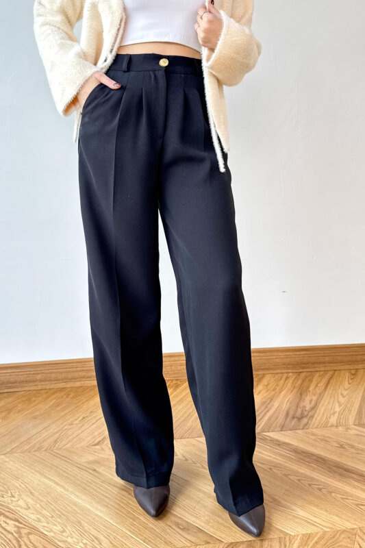 PNT-07419 Siyah Çimalı Gold Düğme Detaylı Palazzo Pantolon - 3