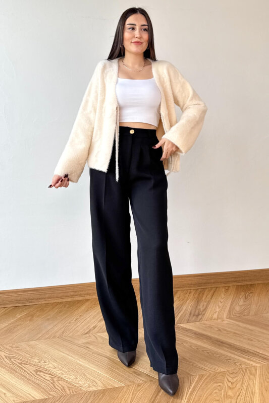 PNT-07419 Siyah Çimalı Gold Düğme Detaylı Palazzo Pantolon - 1