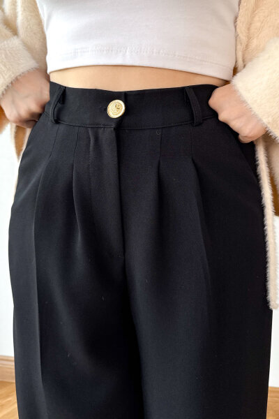 PNT-07419 Siyah Çimalı Gold Düğme Detaylı Palazzo Pantolon - 4