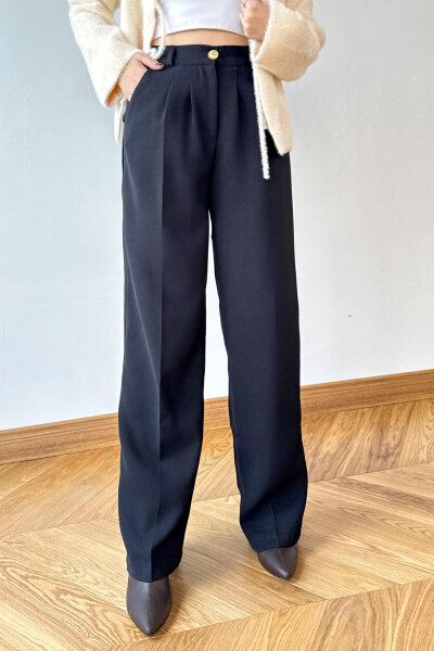 PNT-07419 Siyah Çimalı Gold Düğme Detaylı Palazzo Pantolon - 2