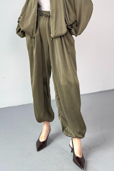 PNT-07420 Haki Saten Relax Fit Bel Lastikli Şalvar Pantolon - Cappmoda