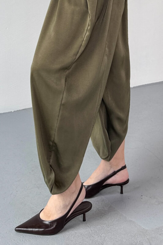 PNT-07420 Haki Saten Relax Fit Bel Lastikli Şalvar Pantolon - 2