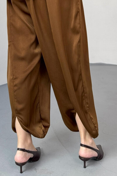 PNT-07420 Kahverengi Saten Relax Fit Bel Lastikli Şalvar Pantolon - 2