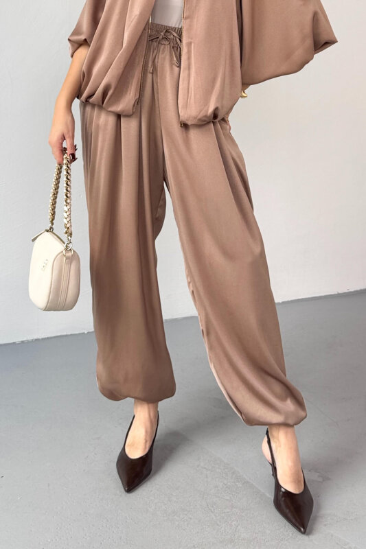 PNT-07420 Vizon Saten Relax Fit Bel Lastikli Şalvar Pantolon - 1