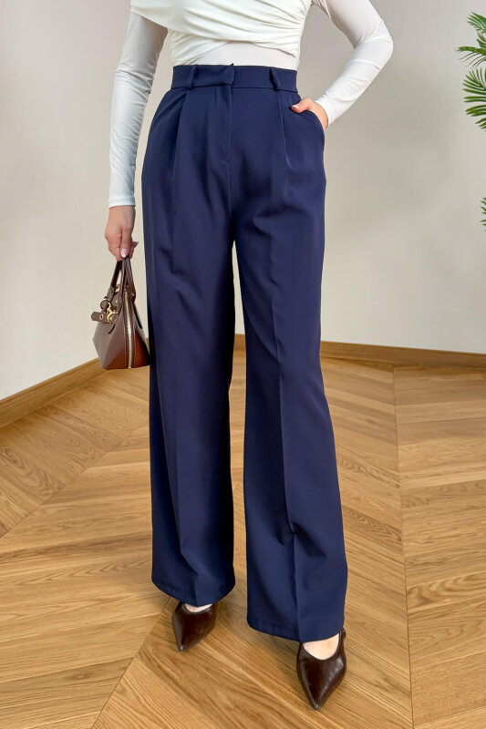 PNT-07422 Lacivert Poliviskon Premium Flow Palazzo Pantolon - 1