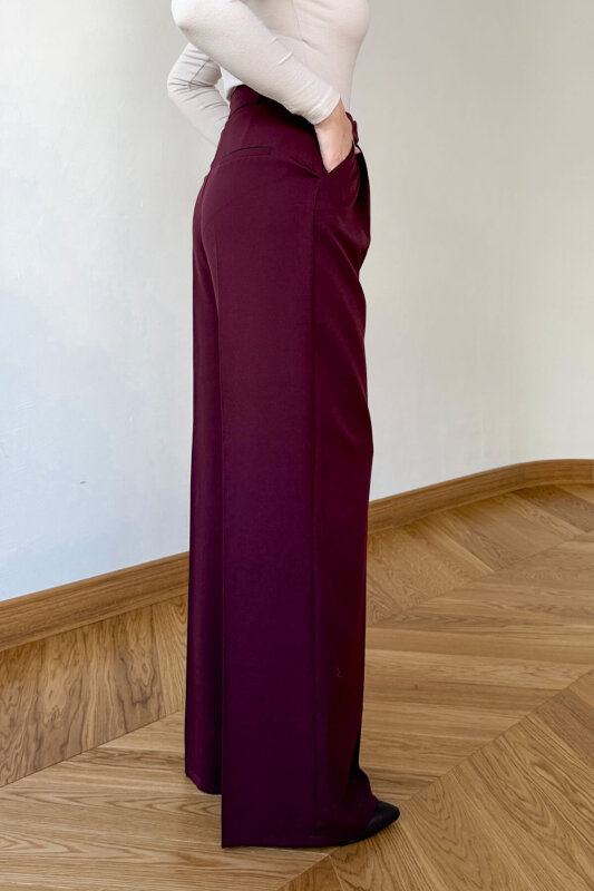 PNT-07422 Mürdüm Poliviskon Premium Flow Palazzo Pantolon - 2