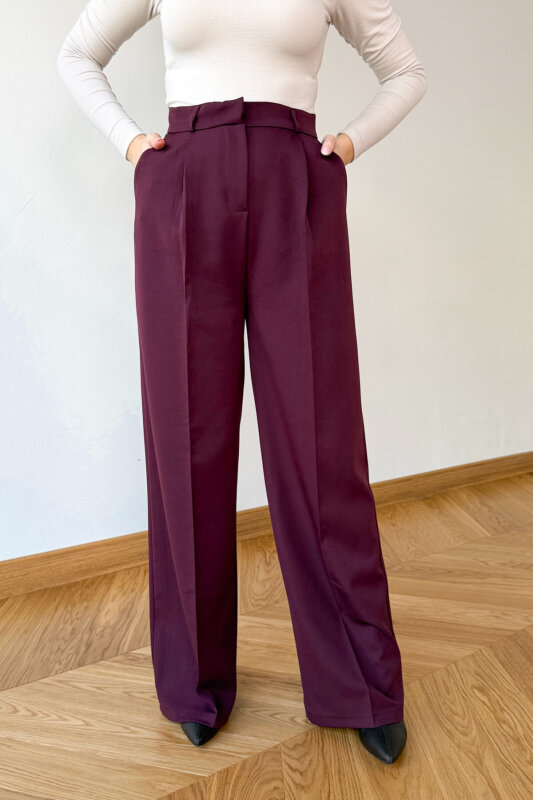PNT-07422 Mürdüm Poliviskon Premium Flow Palazzo Pantolon - 3