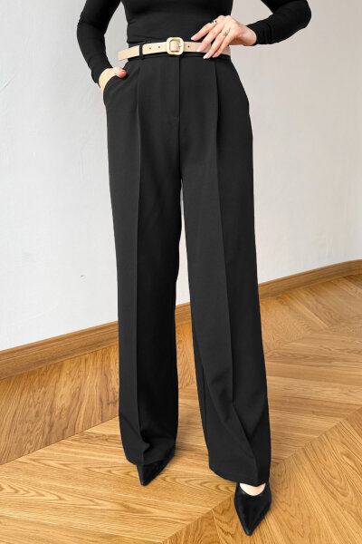 PNT-07422 Siyah Poliviskon Premium Flow Palazzo Pantolon