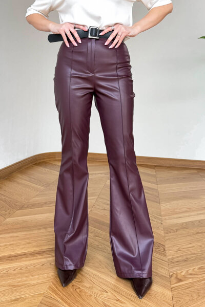 PNT-07424 Bordo İçi Polarlı Kendinden Kemerli Suni Deri İspanyol Paça Pantolon - Cappmoda
