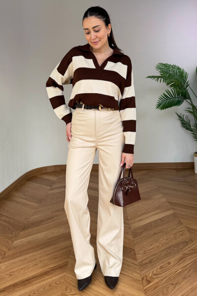 PNT-07425 Bej İçi Polarlı Suni Deri Palazzo Pantolon - Cappmoda