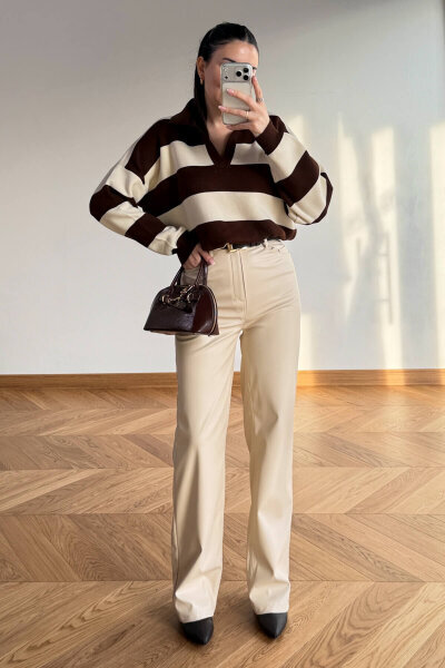 PNT-07425 Bej İçi Polarlı Suni Deri Palazzo Pantolon - 3