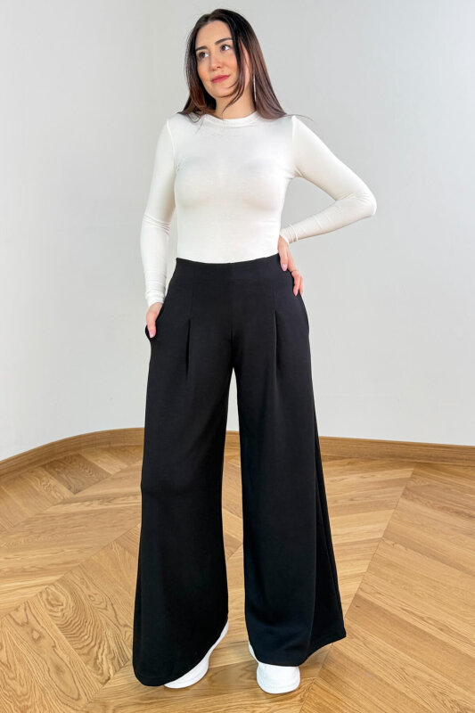 PNT-07426 Siyah Orta Piliseli Yüksek Bel Modal Pantolon - 2