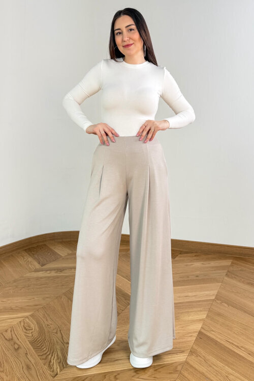 PNT-07426 Taş Rengi Orta Piliseli Yüksek Bel Modal Pantolon (1)