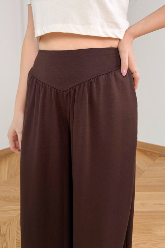 PNT-07427 Acı Kahve Tasarım V Kesim Yüksek Bel Modal Pantolon - 3