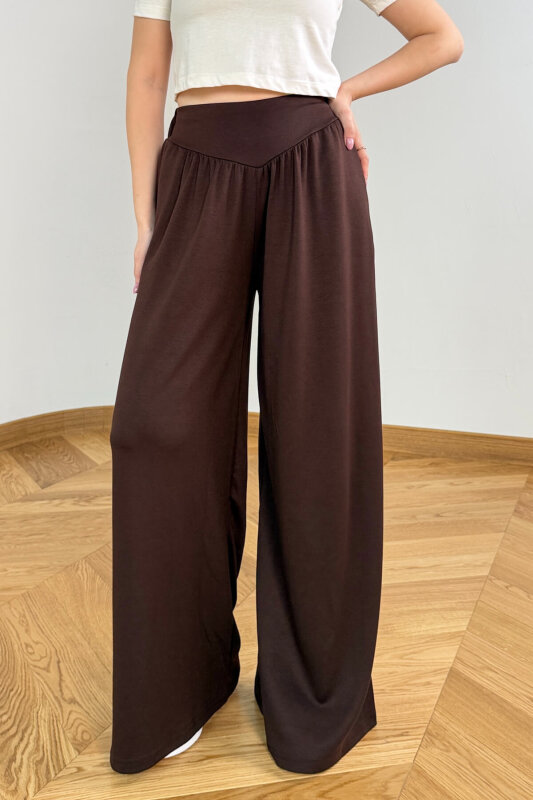 PNT-07427 Acı Kahve Tasarım V Kesim Yüksek Bel Modal Pantolon - 1