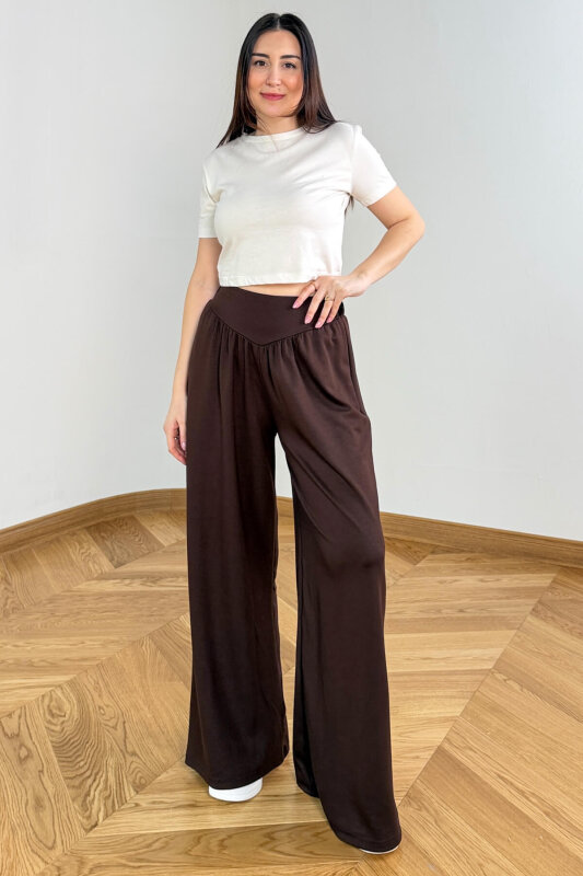 PNT-07427 Acı Kahve Tasarım V Kesim Yüksek Bel Modal Pantolon - 2