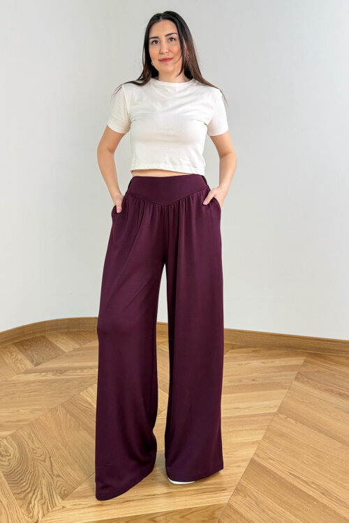 PNT-07427 Mürdüm Tasarım V Kesim Yüksek Bel Modal Pantolon (1)