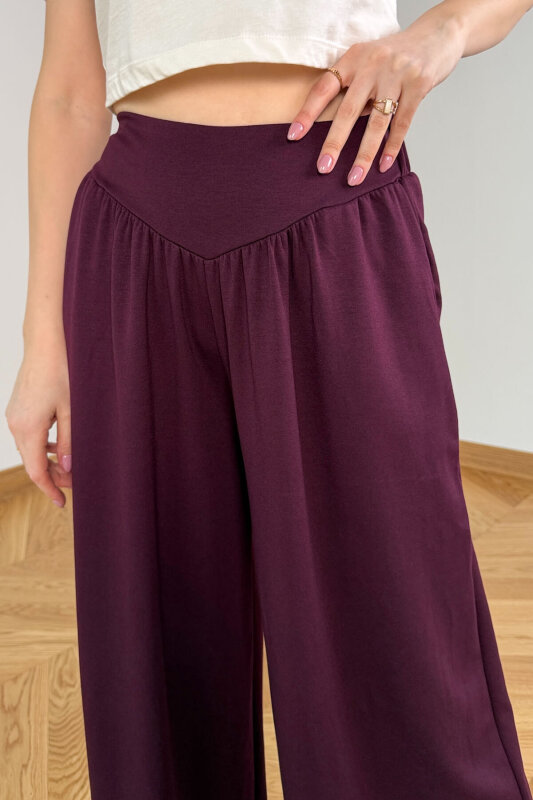 PNT-07427 Mürdüm Tasarım V Kesim Yüksek Bel Modal Pantolon - 3