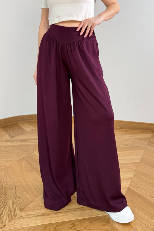 PNT-07427 Mürdüm Tasarım V Kesim Yüksek Bel Modal Pantolon - 4