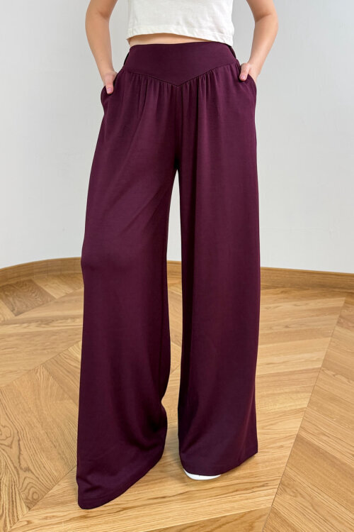 PNT-07427 Mürdüm Tasarım V Kesim Yüksek Bel Modal Pantolon