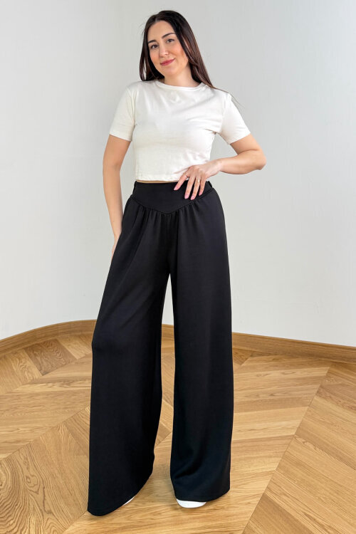 PNT-07427 Siyah Tasarım V Kesim Yüksek Bel Modal Pantolon (1)