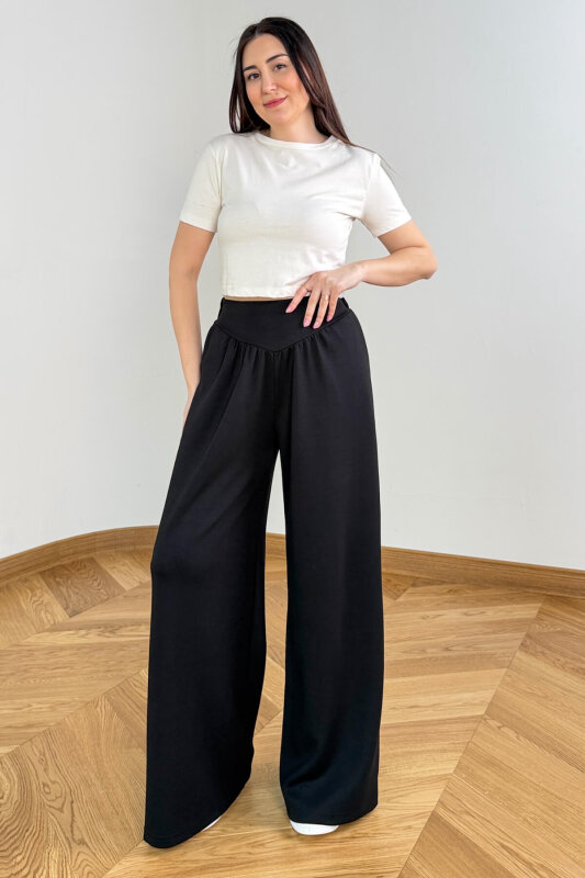 PNT-07427 Siyah Tasarım V Kesim Yüksek Bel Modal Pantolon - 2