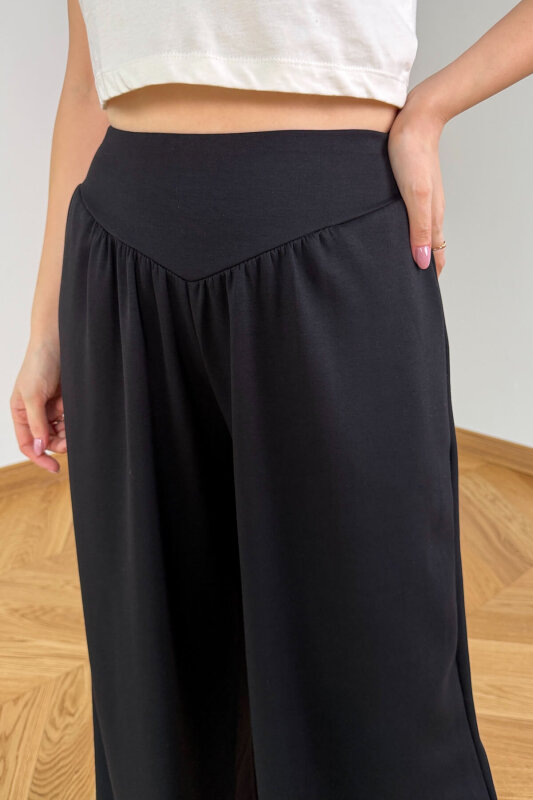 PNT-07427 Siyah Tasarım V Kesim Yüksek Bel Modal Pantolon - 3