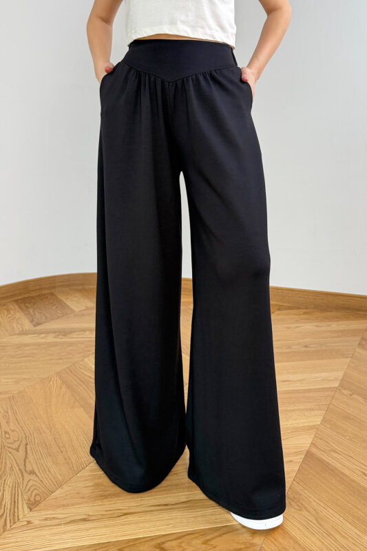 PNT-07427 Siyah Tasarım V Kesim Yüksek Bel Modal Pantolon - 1