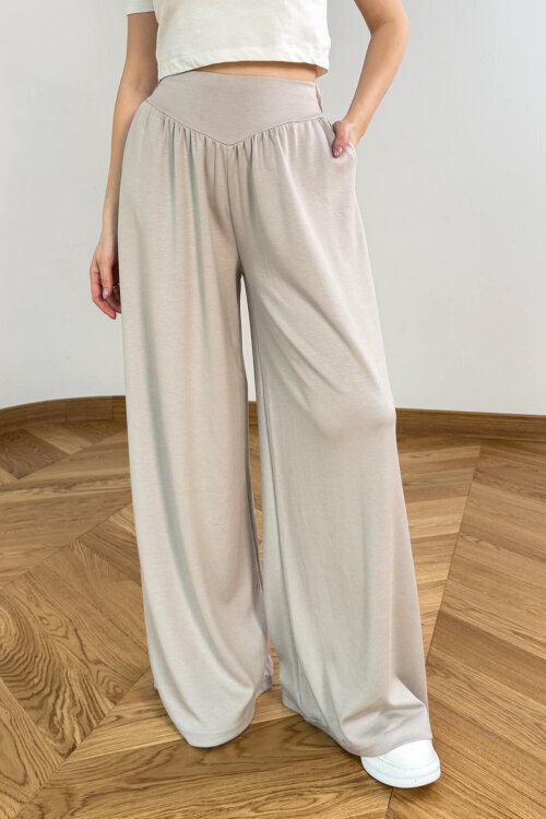 PNT-07427 Taş Rengi Tasarım V Kesim Yüksek Bel Modal Pantolon