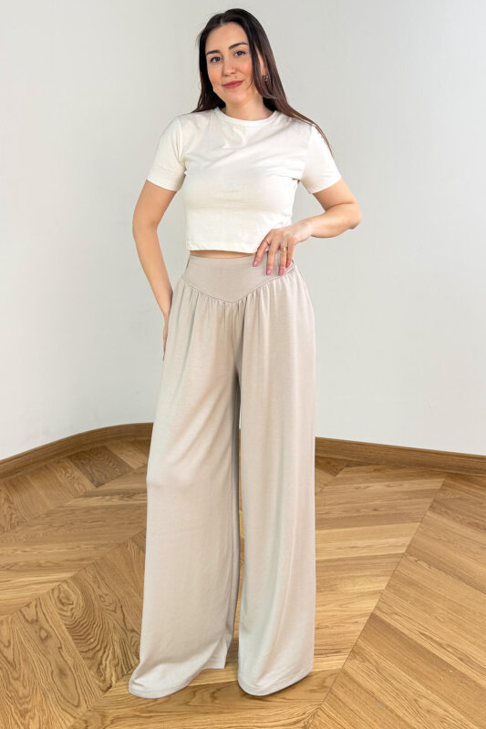 PNT-07427 Taş Rengi Tasarım V Kesim Yüksek Bel Modal Pantolon - 2