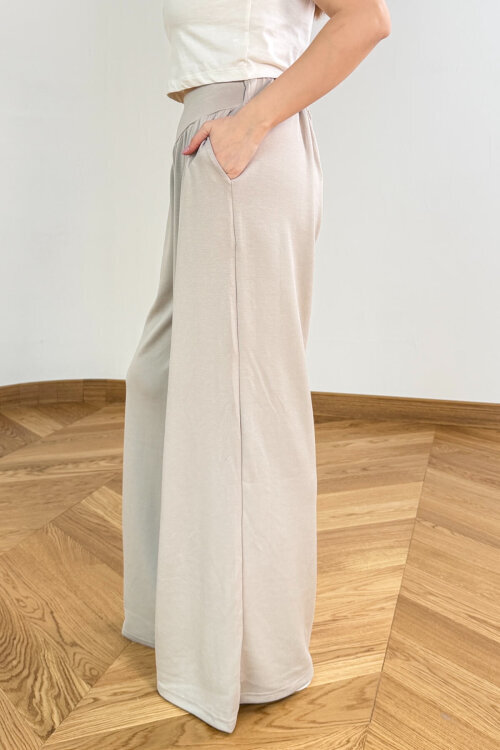 PNT-07427 Taş Rengi Tasarım V Kesim Yüksek Bel Modal Pantolon - 3