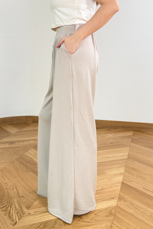 PNT-07427 Taş Rengi Tasarım V Kesim Yüksek Bel Modal Pantolon - 3