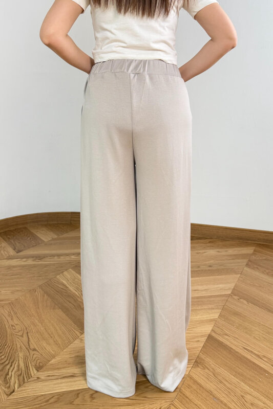 PNT-07427 Taş Rengi Tasarım V Kesim Yüksek Bel Modal Pantolon - 4