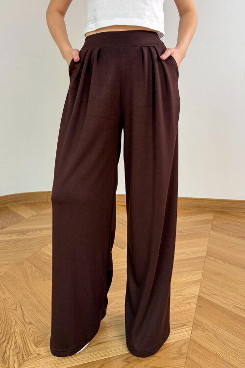 PNT-07429 Acı Kahve Üçlü Piliseli Yüksek Bel Modal Pantolon - 3