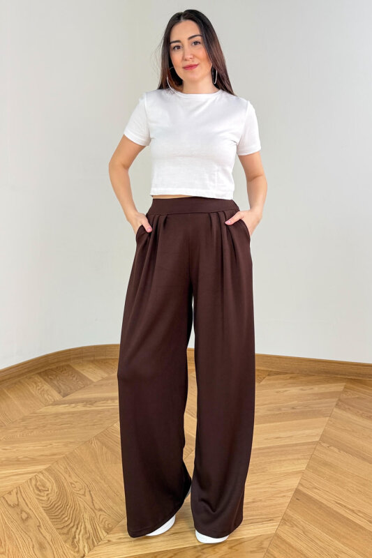 PNT-07429 Acı Kahve Üçlü Piliseli Yüksek Bel Modal Pantolon - 2