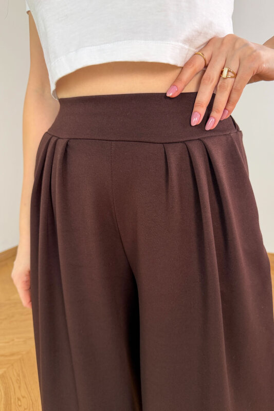 PNT-07429 Acı Kahve Üçlü Piliseli Yüksek Bel Modal Pantolon - 4