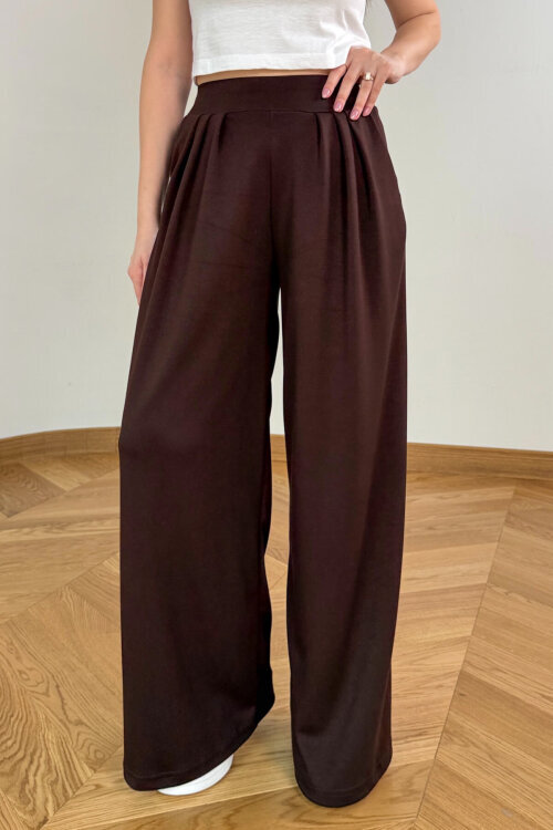 PNT-07429 Acı Kahve Üçlü Piliseli Yüksek Bel Modal Pantolon