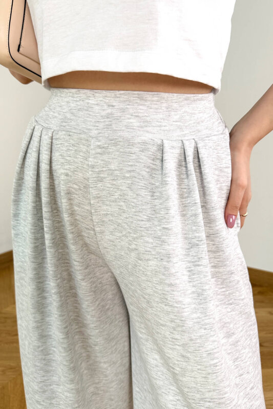 PNT-07429 Gri Üçlü Piliseli Yüksek Bel Modal Pantolon - 3