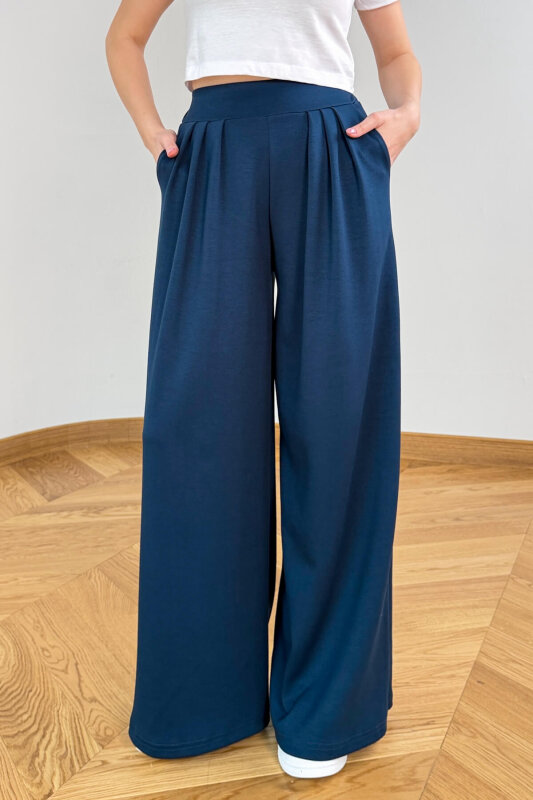 PNT-07429 Lacivert Üçlü Piliseli Yüksek Bel Modal Pantolon - 4