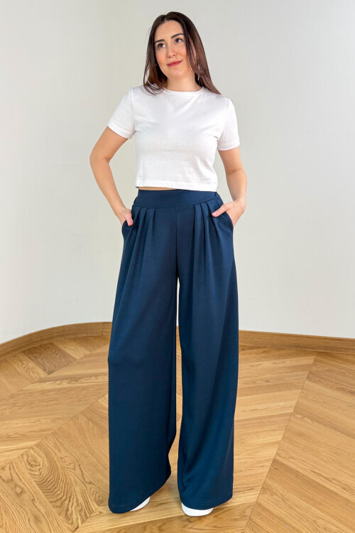 PNT-07429 Lacivert Üçlü Piliseli Yüksek Bel Modal Pantolon (1)