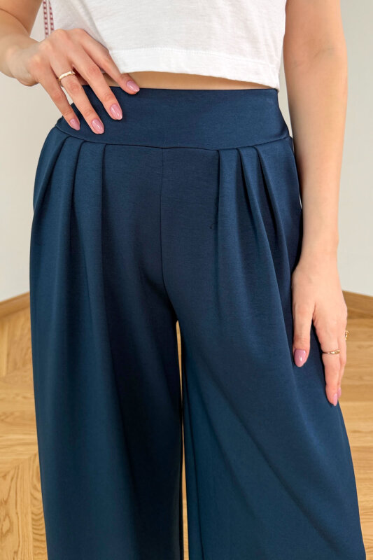 PNT-07429 Lacivert Üçlü Piliseli Yüksek Bel Modal Pantolon - 3