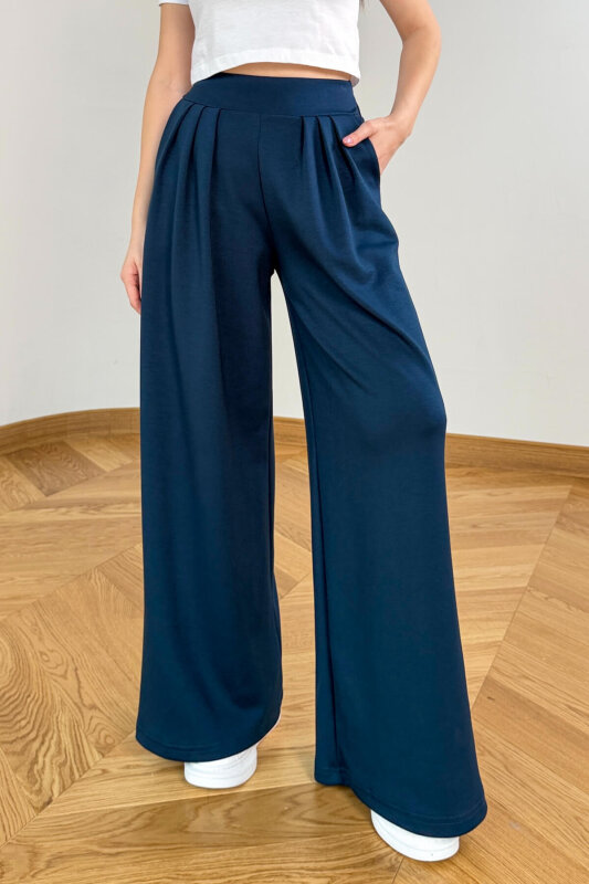 PNT-07429 Lacivert Üçlü Piliseli Yüksek Bel Modal Pantolon - 1