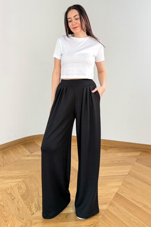 PNT-07429 Siyah Üçlü Piliseli Yüksek Bel Modal Pantolon (1)