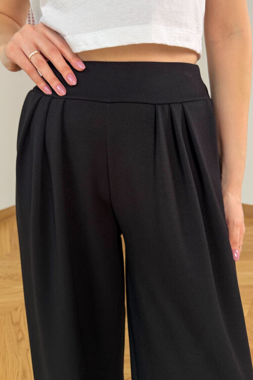 PNT-07429 Siyah Üçlü Piliseli Yüksek Bel Modal Pantolon - 3