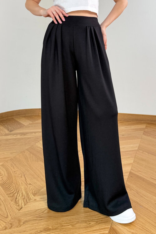 PNT-07429 Siyah Üçlü Piliseli Yüksek Bel Modal Pantolon