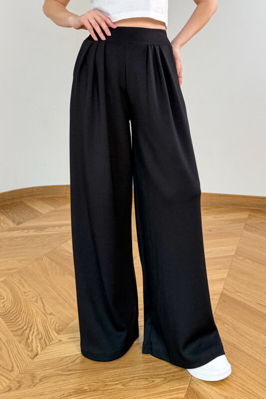 PNT-07429 Siyah Üçlü Piliseli Yüksek Bel Modal Pantolon - 1