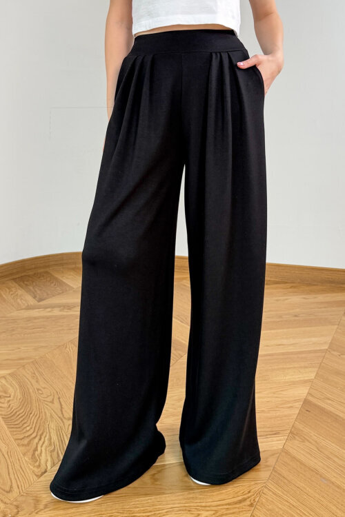 PNT-07429 Siyah Üçlü Piliseli Yüksek Bel Modal Pantolon - 6