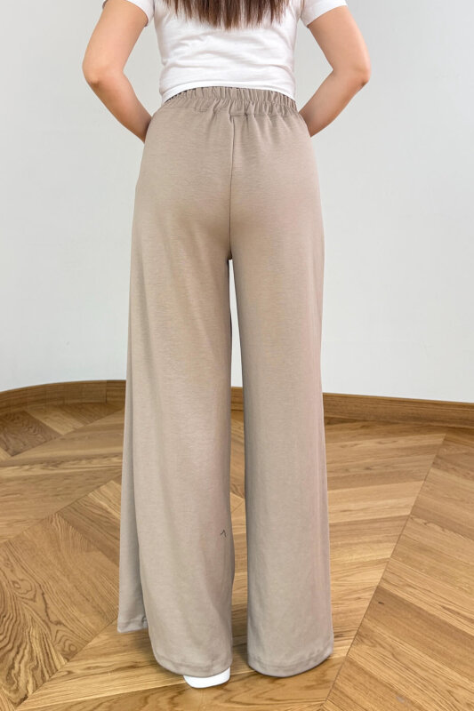 PNT-07429 Taş Rengi Üçlü Piliseli Yüksek Bel Modal Pantolon - 6